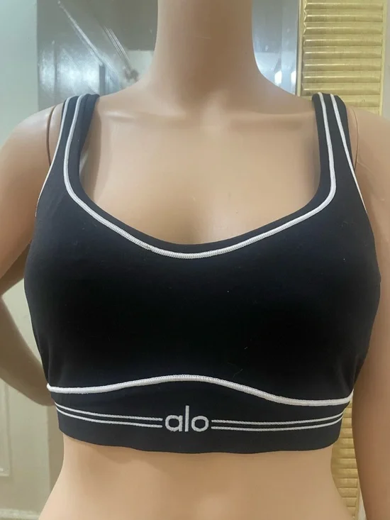 ALO Yoga Black Sports Bra with White Piping - Picture 2 of 12